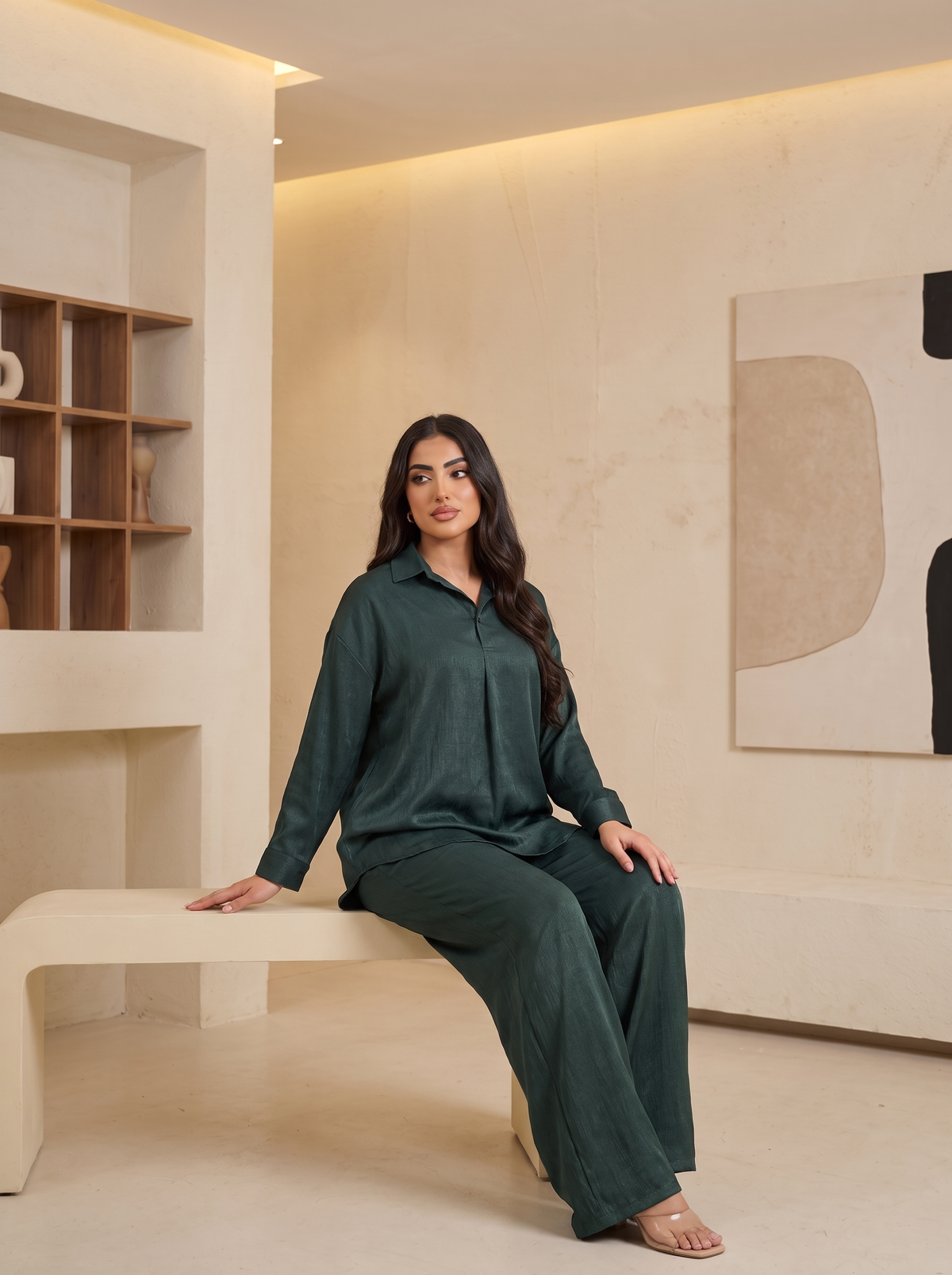 Women’s Textured Satin Two-Piece Co-Ord Set – Loose-Fit Long-Sleeve Tunic Top & Wide-Leg loose-Trousers