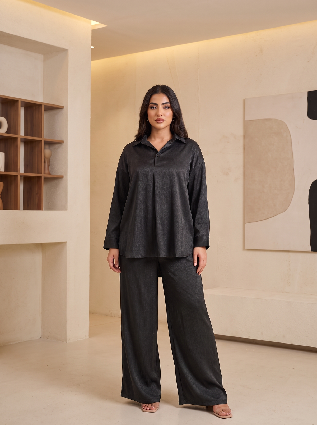 Women’s Textured Satin Two-Piece Co-Ord Set – Loose-Fit Long-Sleeve Tunic Top & Wide-Leg loose-Trousers