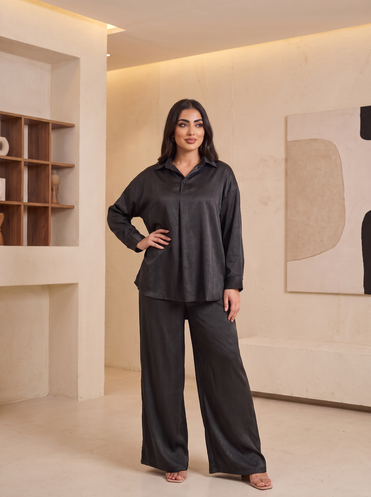 Women’s Textured Satin Two-Piece Co-Ord Set – Loose-Fit Long-Sleeve Tunic Top & Wide-Leg loose-Trousers