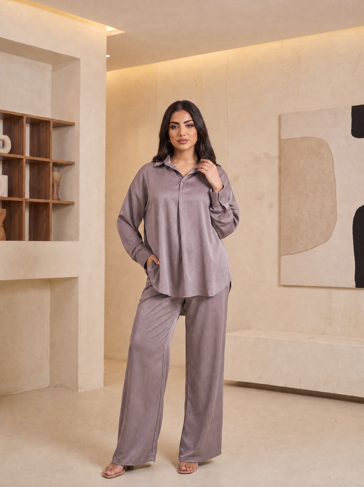 Women’s Textured Satin Two-Piece Co-Ord Set – Loose-Fit Long-Sleeve Tunic Top & Wide-Leg loose-Trousers