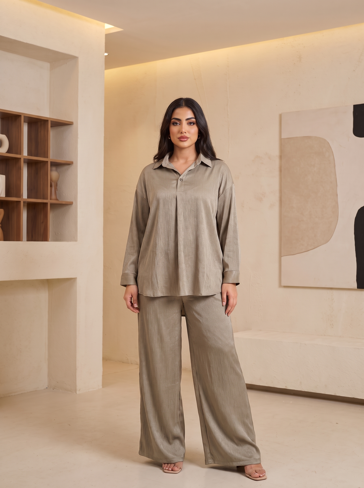 Women’s Textured Satin Two-Piece Co-Ord Set – Loose-Fit Long-Sleeve Tunic Top & Wide-Leg loose-Trousers