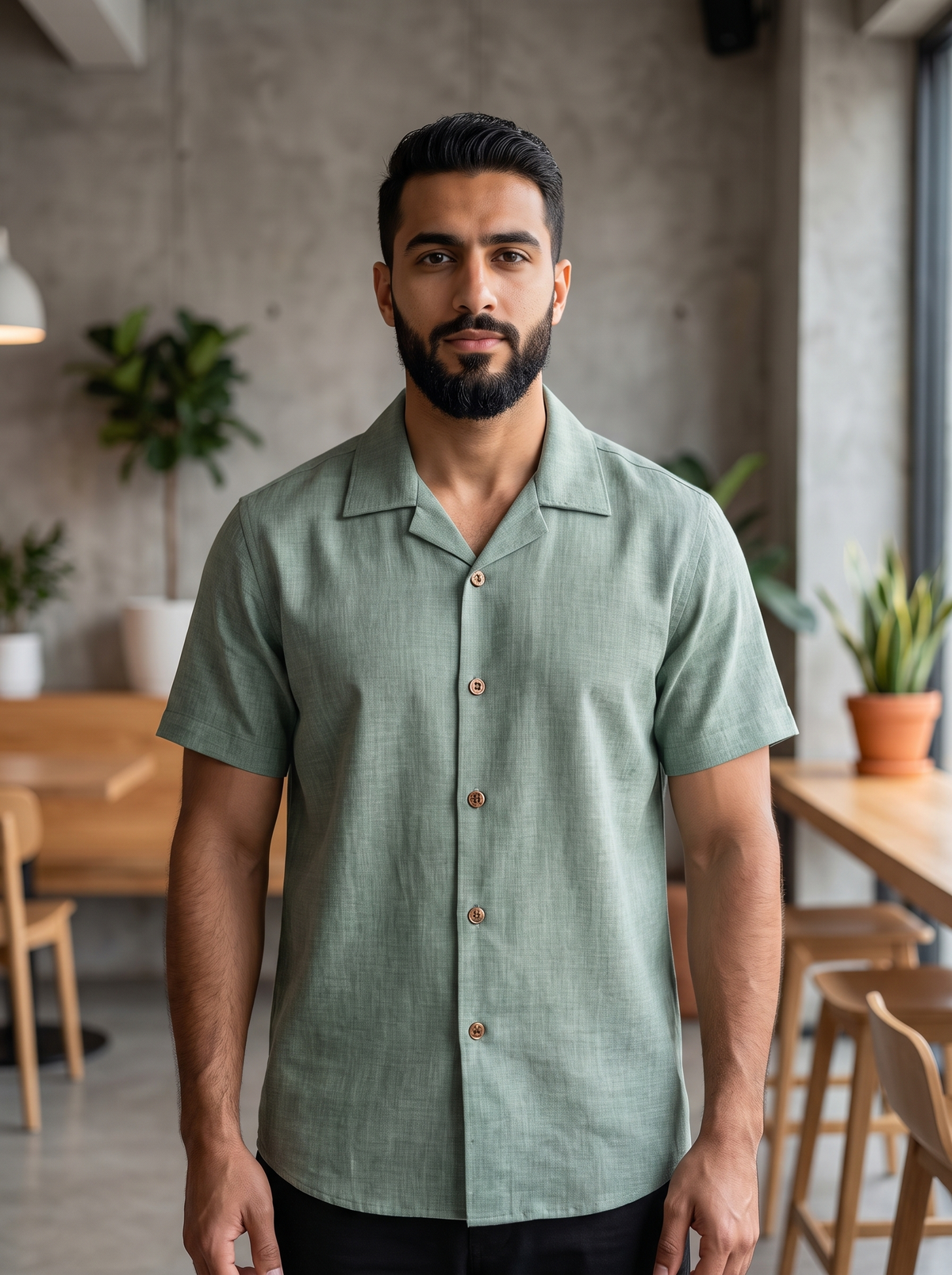 Men’s Short-Sleeve Linen-Blend Resort Shirt – Lightweight Cuban Collar Casual Button-Down