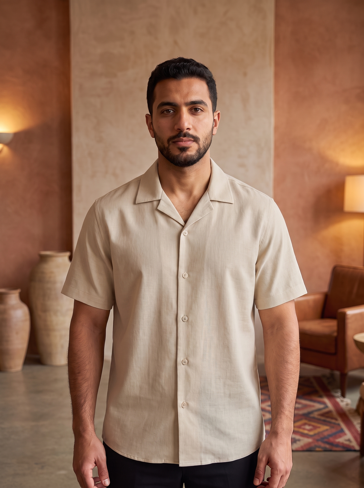 Men’s Short-Sleeve Linen-Blend Resort Shirt – Lightweight Cuban Collar Casual Button-Down