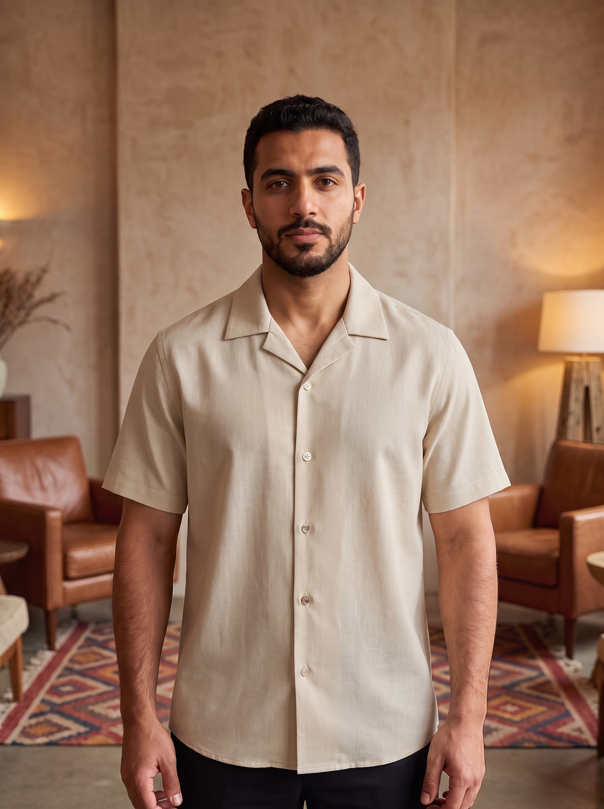 Men’s Short-Sleeve Linen-Blend Resort Shirt – Lightweight Cuban Collar Casual Button-Down