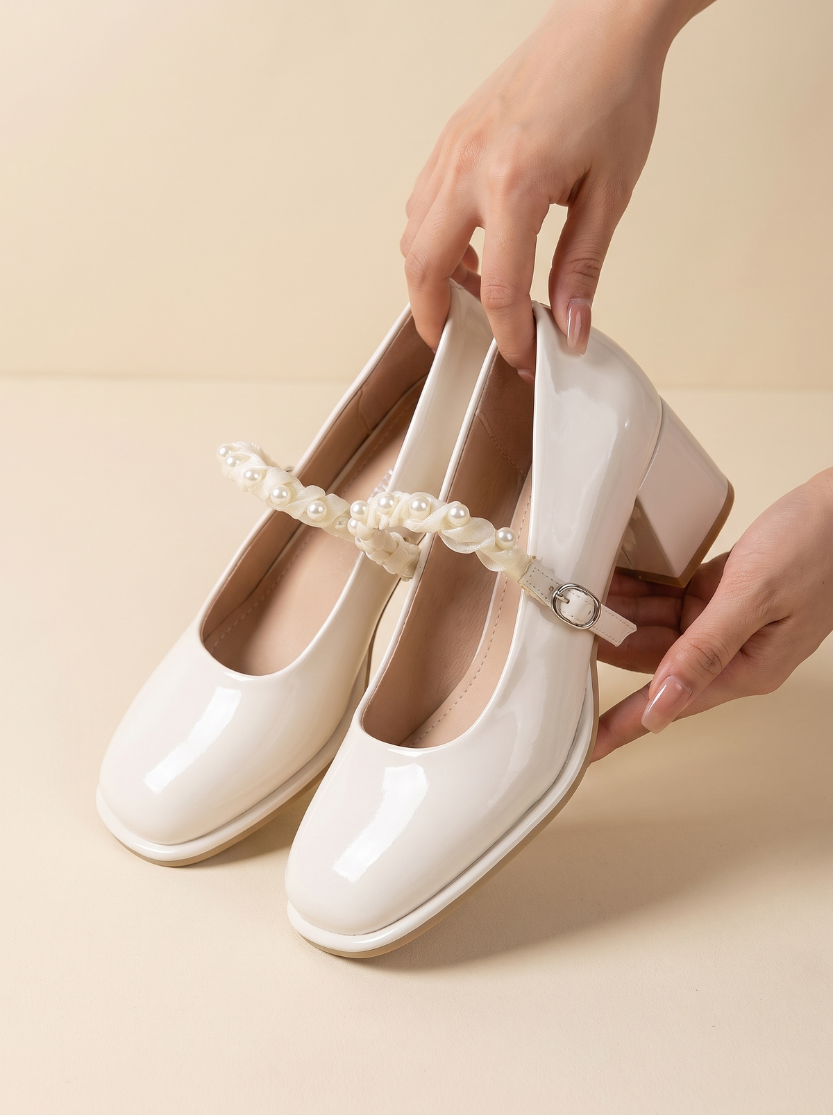 Women’s Patent Leather Pearl-Strap Mary Jane Block Heel Pumps