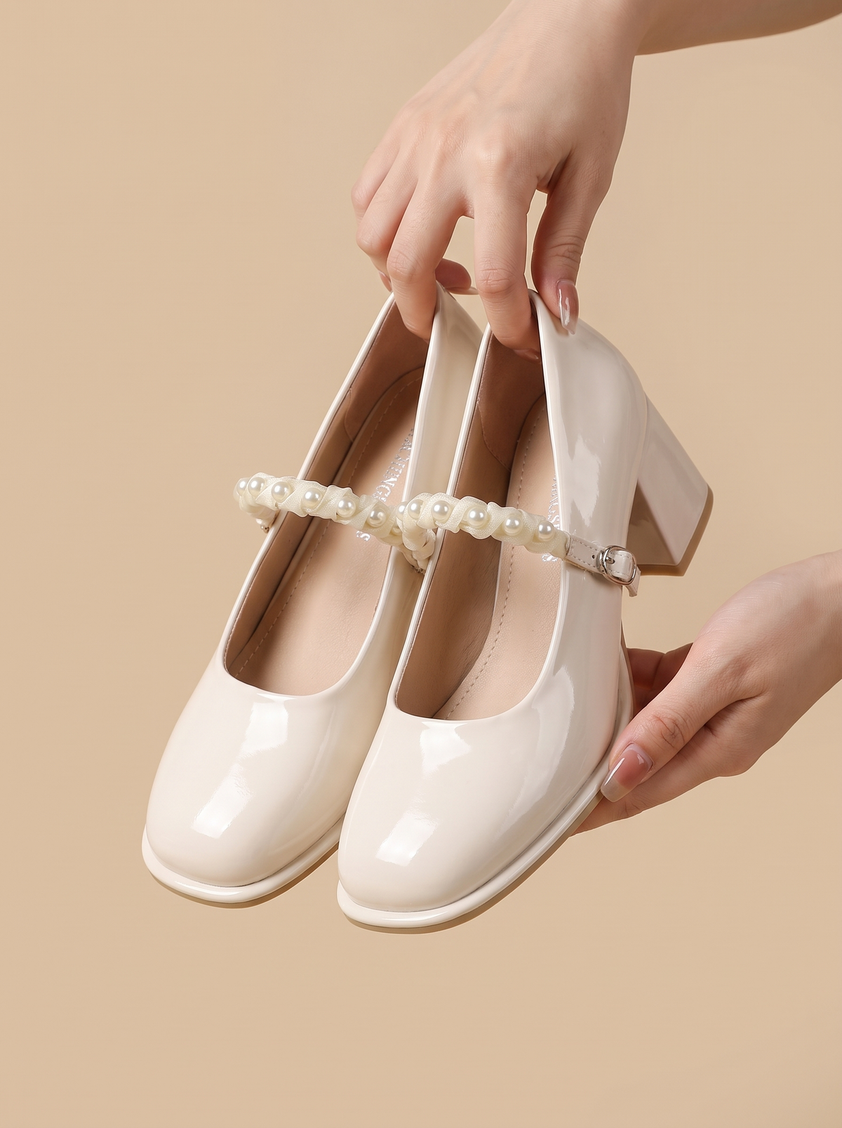 Women’s Patent Leather Pearl-Strap Mary Jane Block Heel Pumps