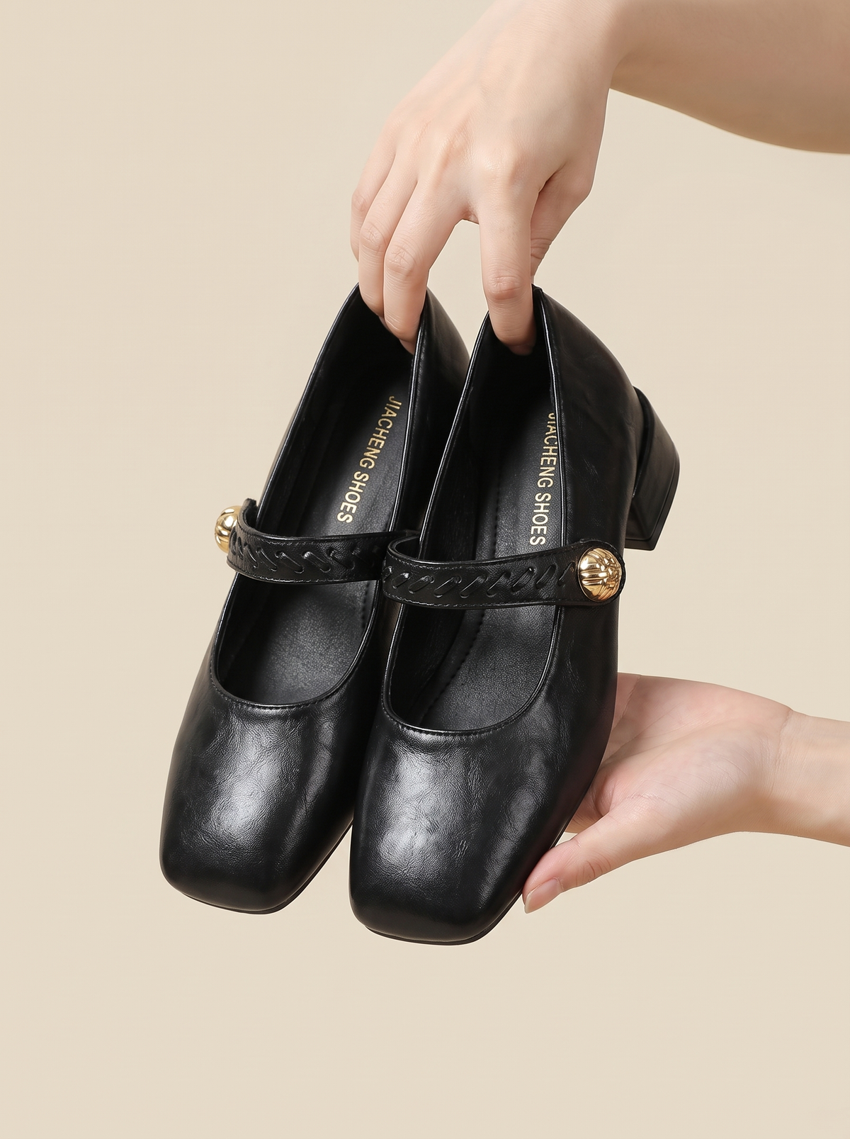 Women’s Braided Strap Gold-Button Mary Jane Low Block Heel Pumps