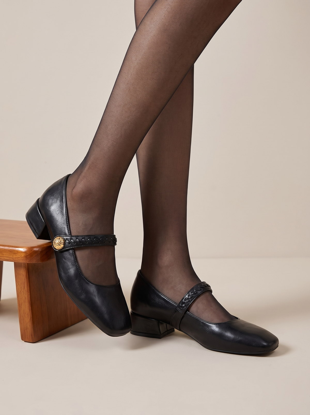 Women’s Braided Strap Gold-Button Mary Jane Low Block Heel Pumps