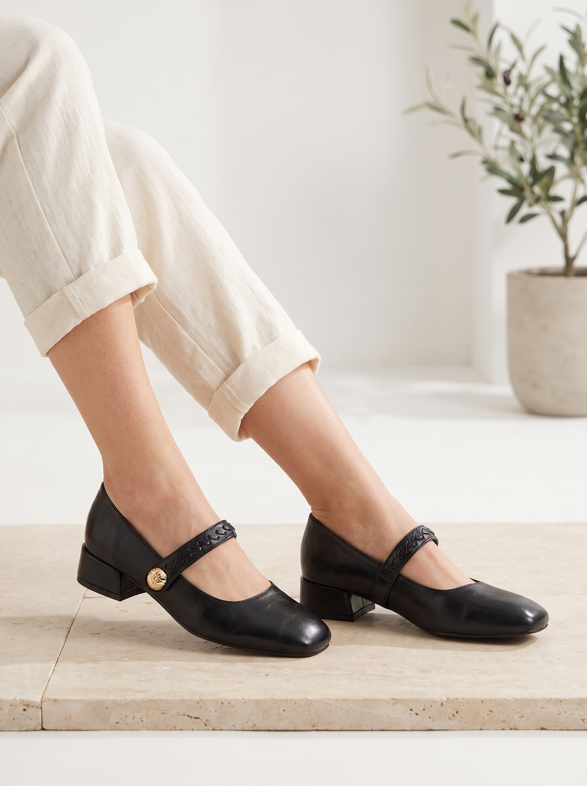 Women’s Braided Strap Gold-Button Mary Jane Low Block Heel Pumps