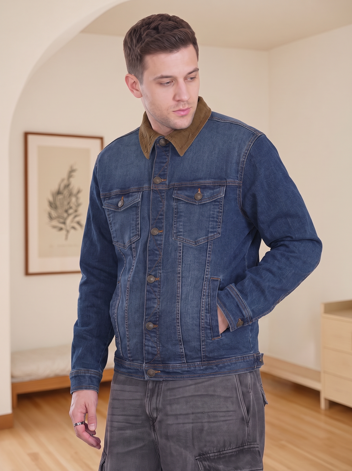 Mens Denim Jacket with Brown Collar