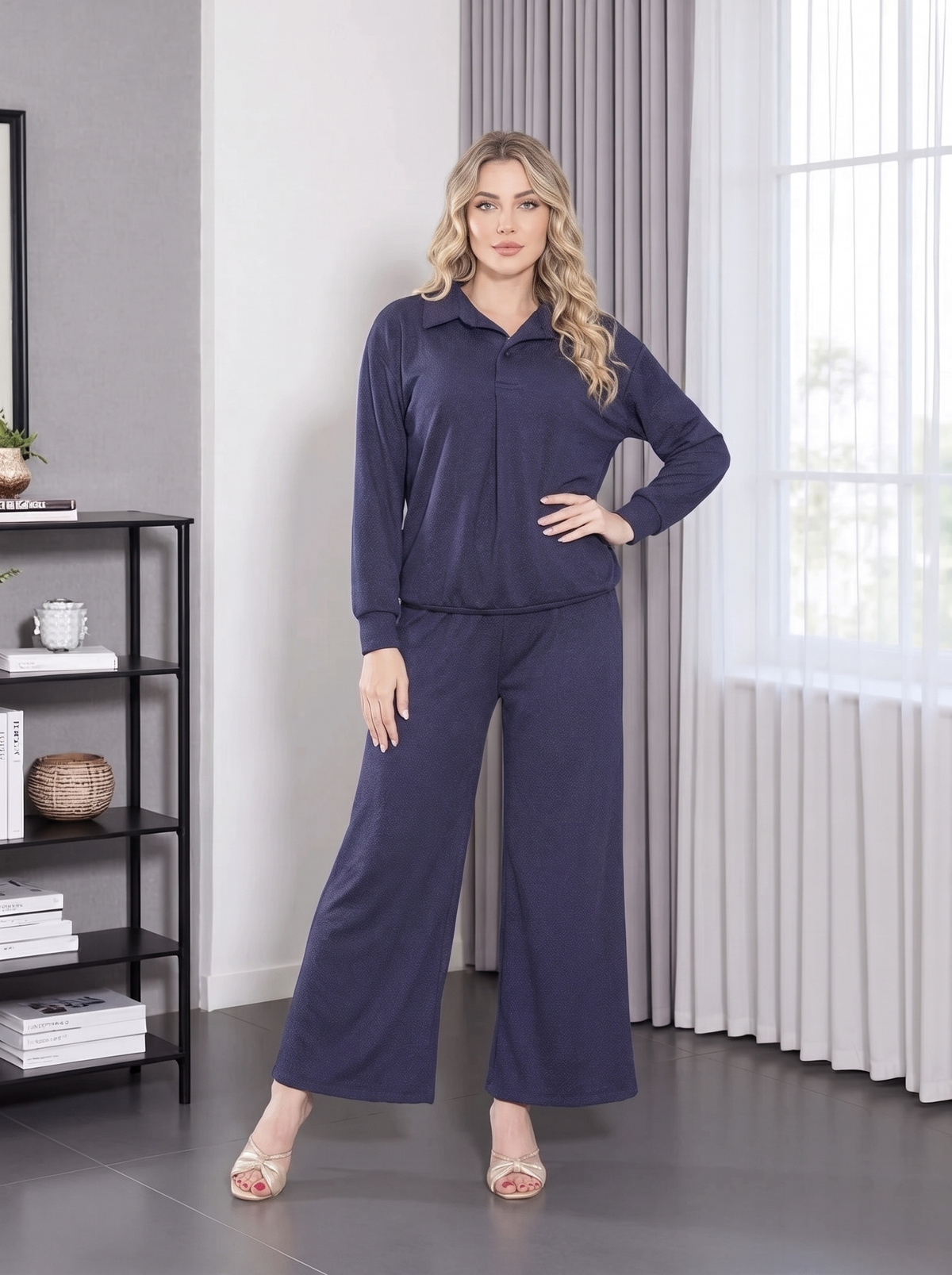 Women’s Soft Lounge Set – Collared Long Sleeve Top & Wide Leg Pants