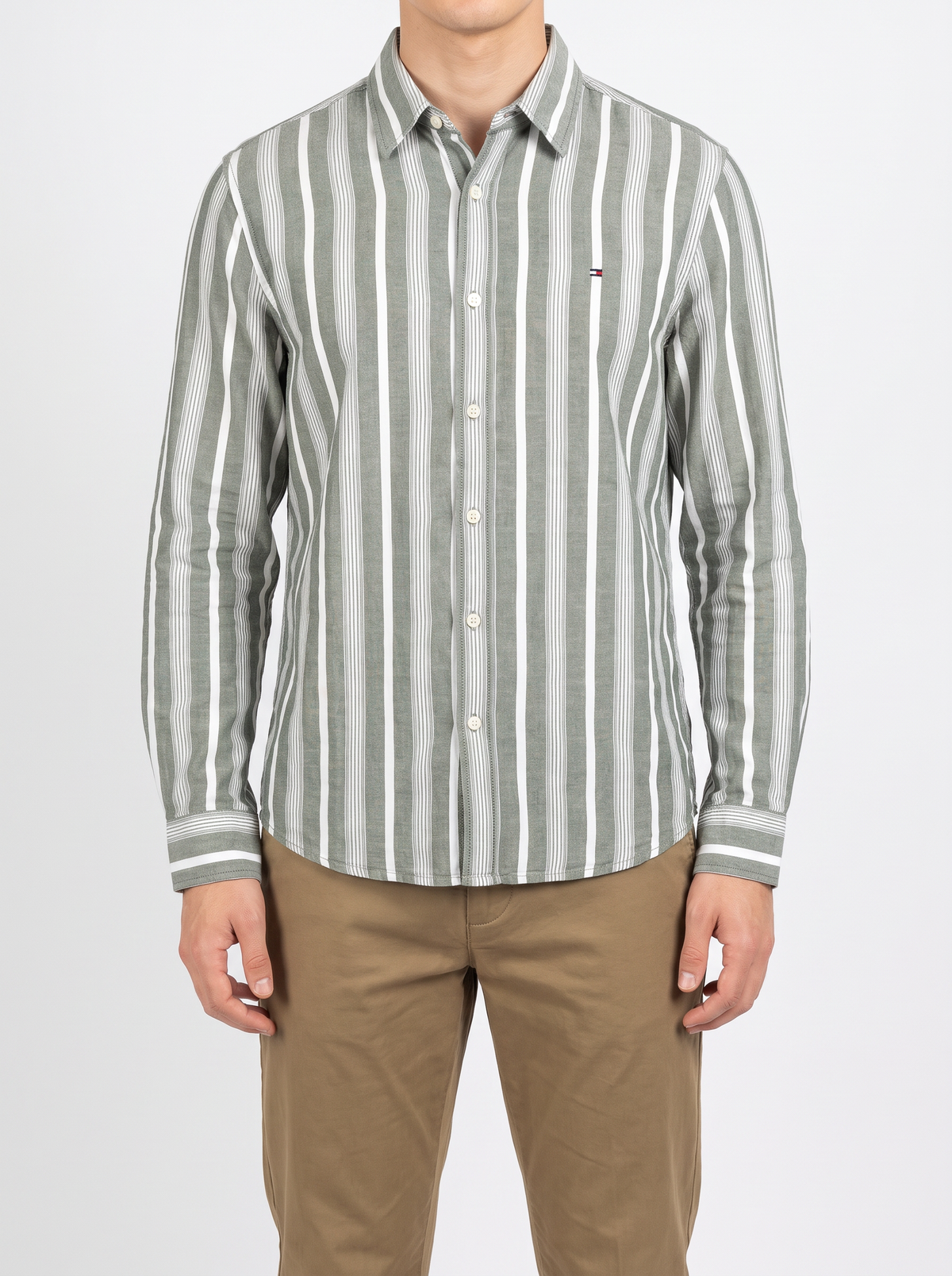Men’s Striped Long-Sleeve Regular Fit Casual Shirt – Sage Green & White