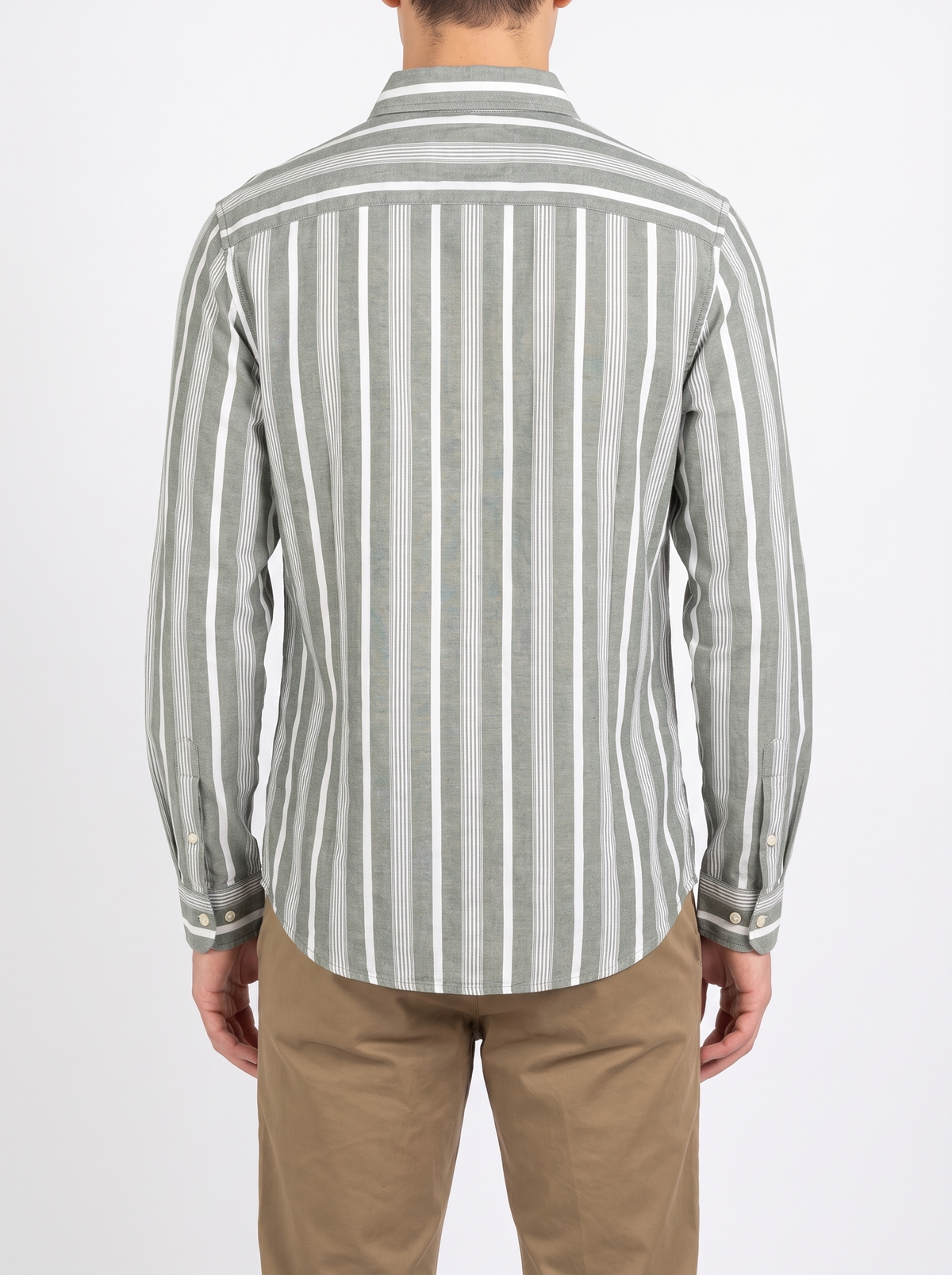 Men’s Striped Long-Sleeve Regular Fit Casual Shirt – Sage Green & White