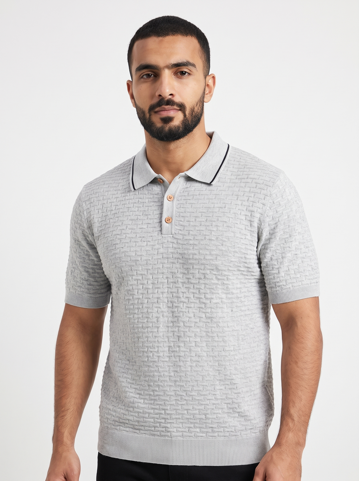 Men’s Short-Sleeve Knit Polo Shirt – Textured Jacquard Pattern