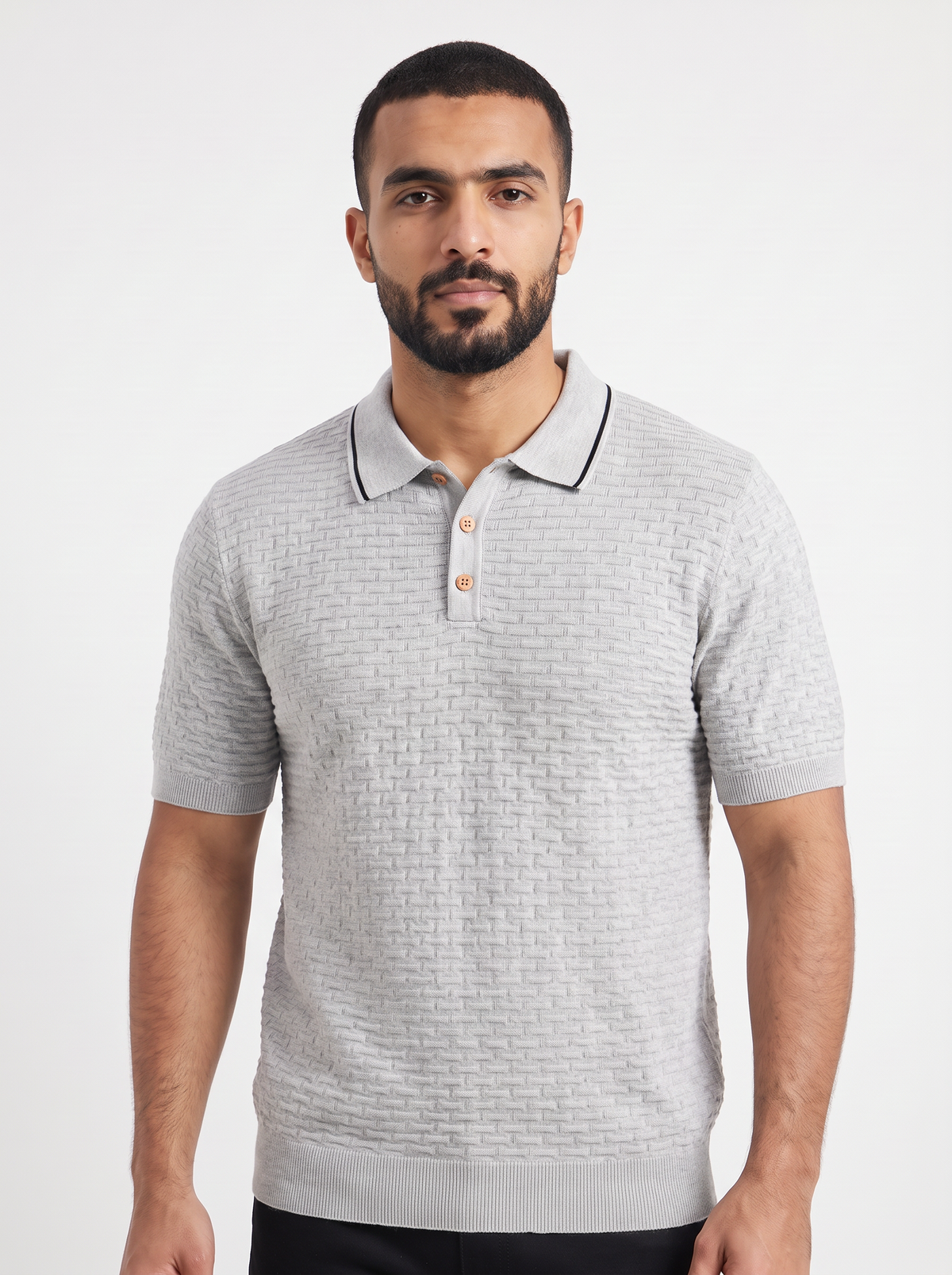 Men’s Short-Sleeve Knit Polo Shirt – Textured Jacquard Pattern