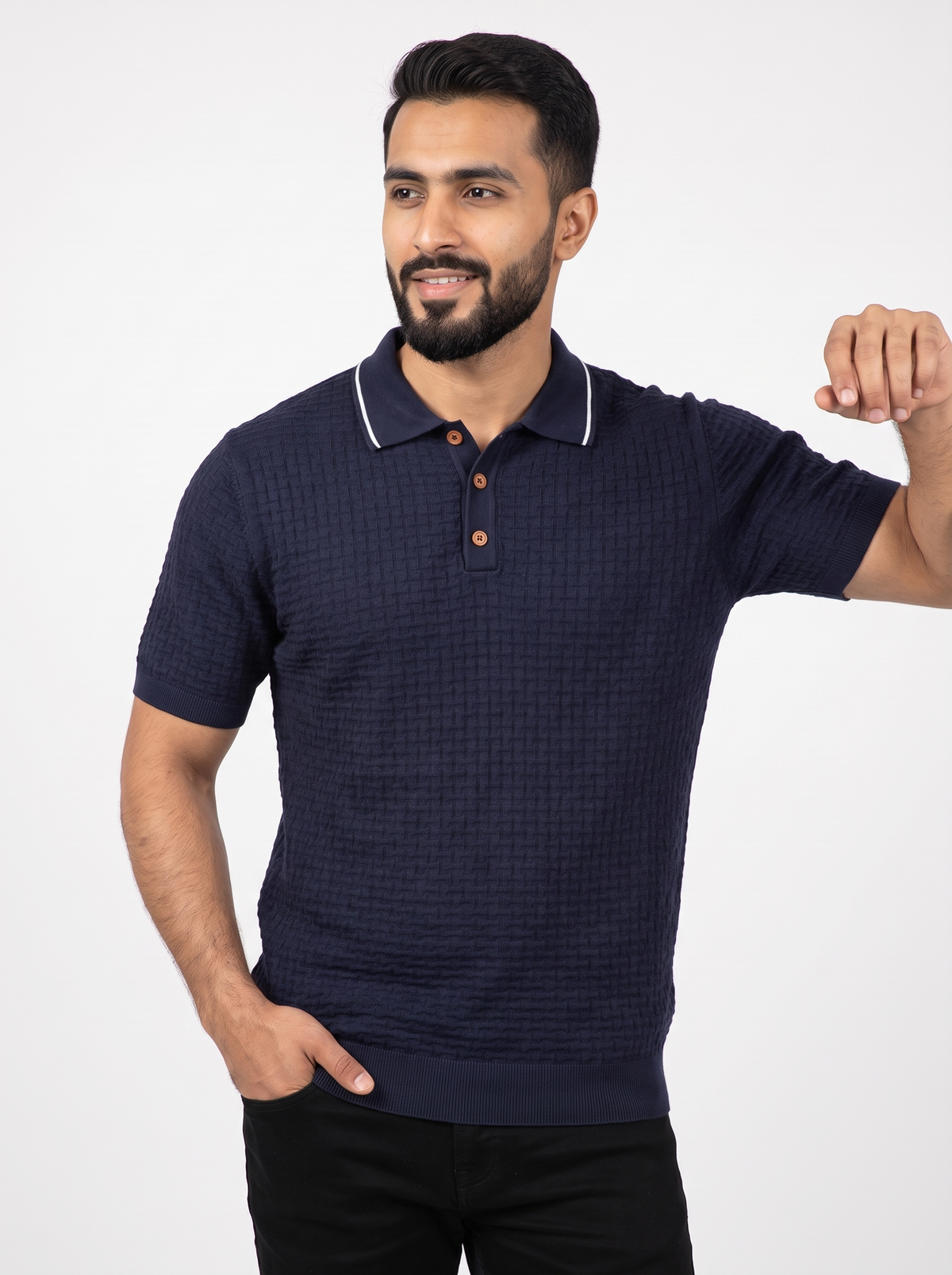 Men’s Short-Sleeve Knit Polo Shirt – Textured Jacquard Pattern