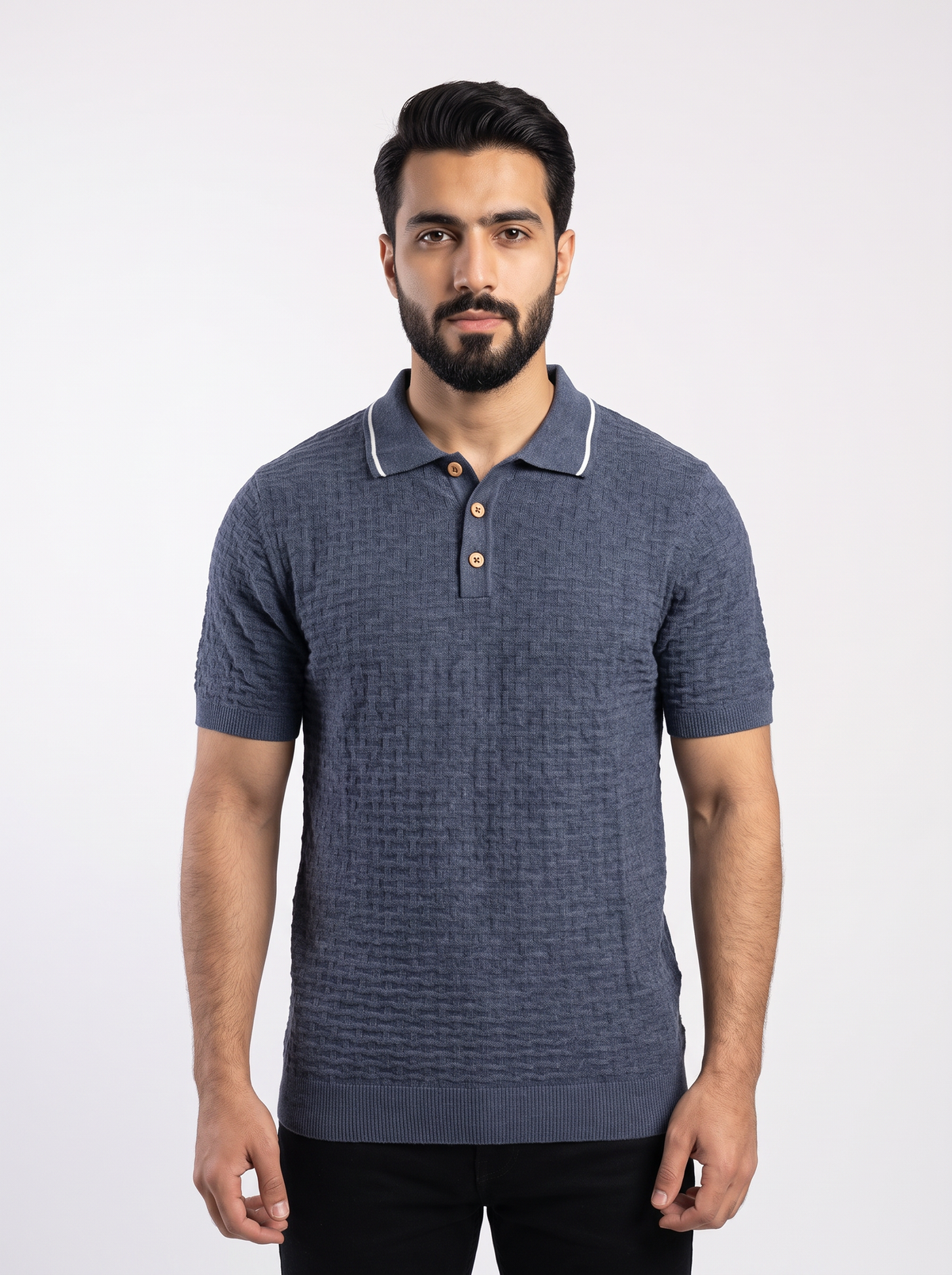 Men’s Short-Sleeve Knit Polo Shirt – Textured Jacquard Pattern