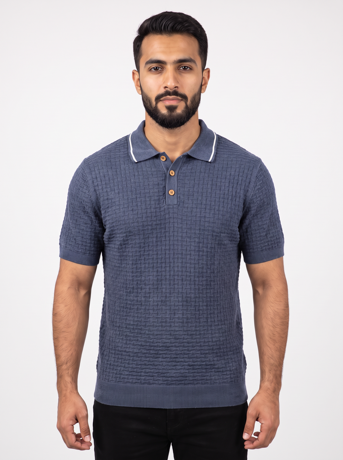Men’s Short-Sleeve Knit Polo Shirt – Textured Jacquard Pattern