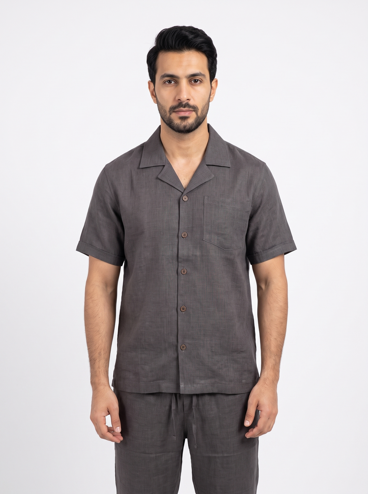 Men’s 2-Piece Linen-Feel Short-Sleeve Loungewear Set – Button-Down Camp Shirt & Drawstring Trousers