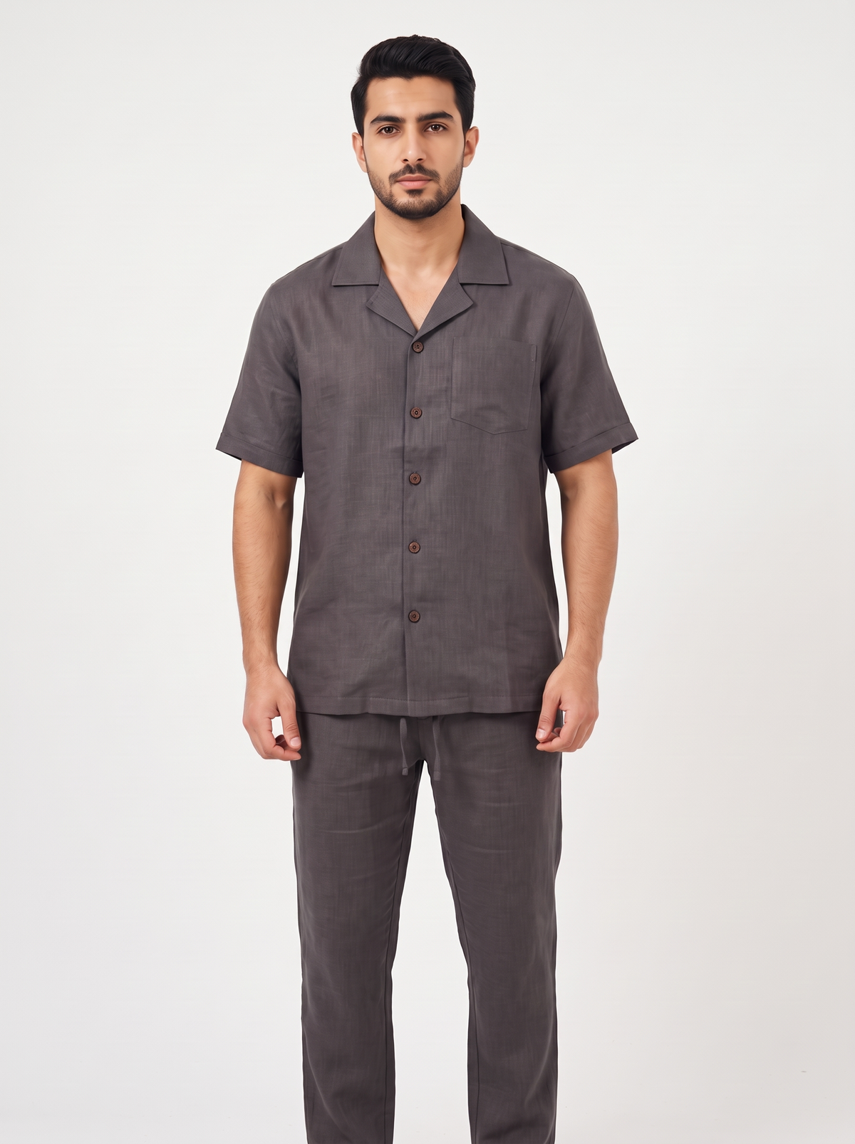 Men’s 2-Piece Linen-Feel Short-Sleeve Loungewear Set – Button-Down Camp Shirt & Drawstring Trousers