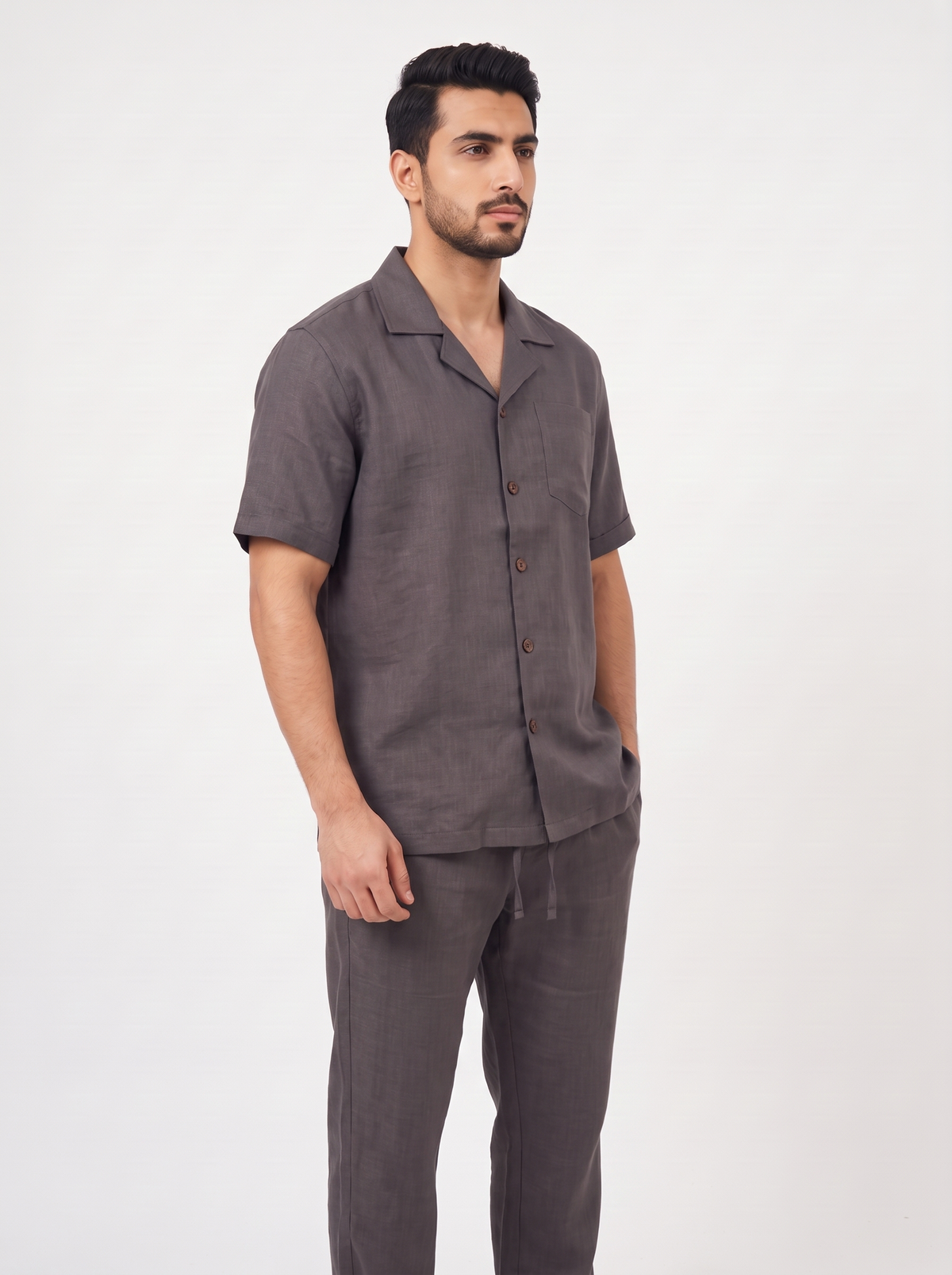 Men’s 2-Piece Linen-Feel Short-Sleeve Loungewear Set – Button-Down Camp Shirt & Drawstring Trousers