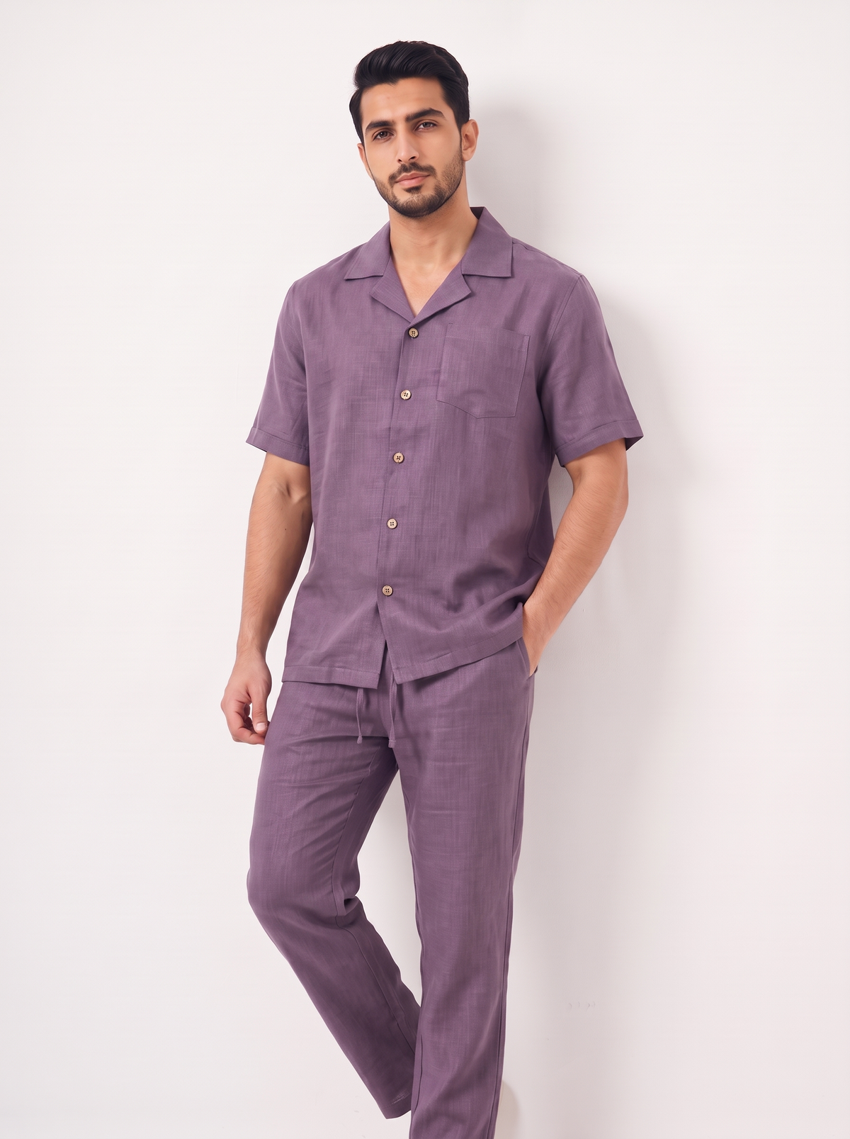 Men’s 2-Piece Linen-Feel Short-Sleeve Loungewear Set – Button-Down Camp Shirt & Drawstring Trousers