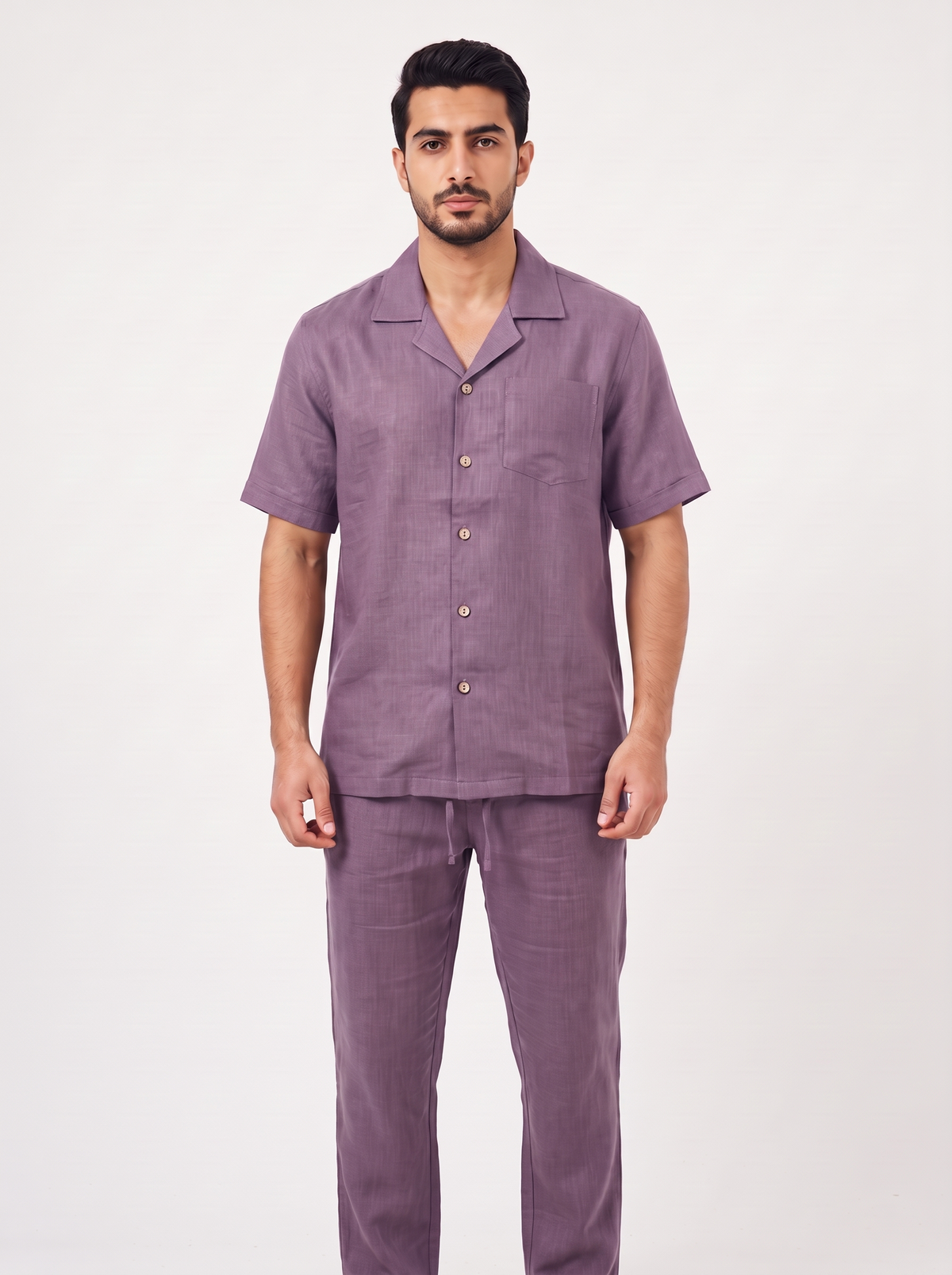 Men’s 2-Piece Linen-Feel Short-Sleeve Loungewear Set – Button-Down Camp Shirt & Drawstring Trousers