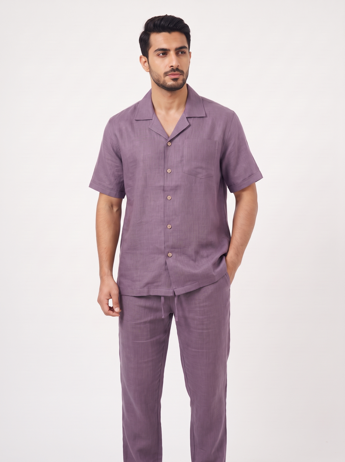 Men’s 2-Piece Linen-Feel Short-Sleeve Loungewear Set – Button-Down Camp Shirt & Drawstring Trousers
