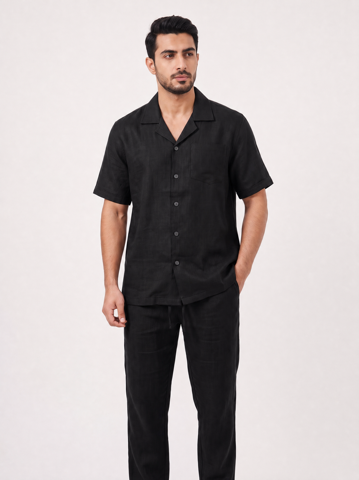 Men’s 2-Piece Linen-Feel Short-Sleeve Loungewear Set – Button-Down Camp Shirt & Drawstring Trousers