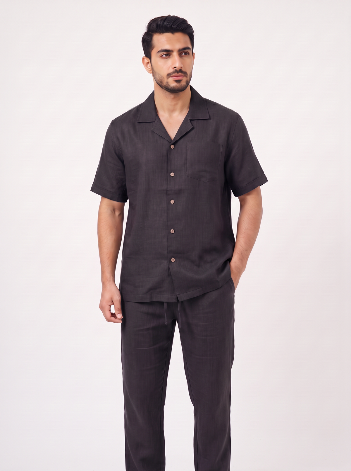 Men’s 2-Piece Linen-Feel Short-Sleeve Loungewear Set – Button-Down Camp Shirt & Drawstring Trousers