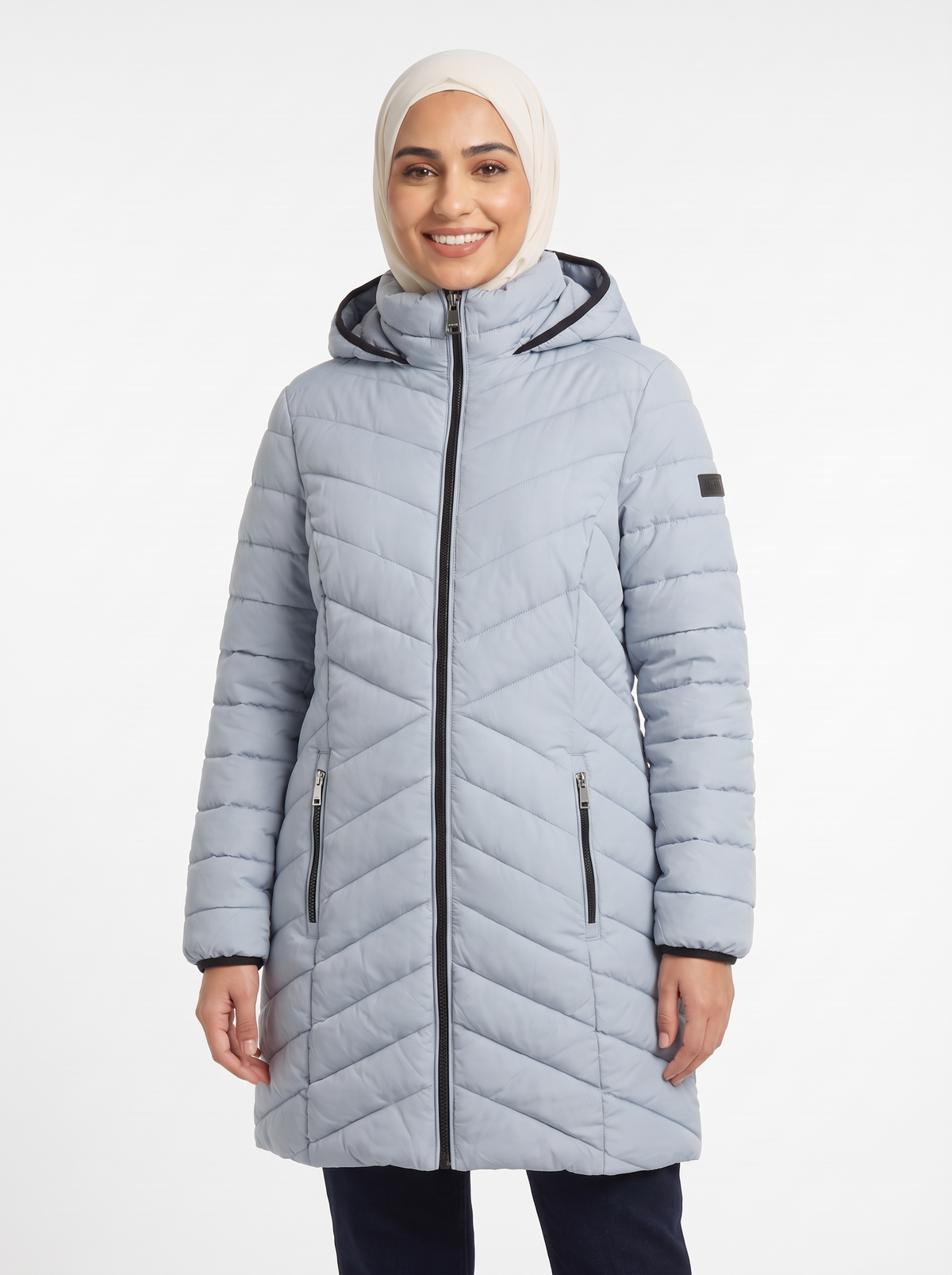 Women’s Long Hooded Puffer Coat – Chevron Quilted Winter Jacket