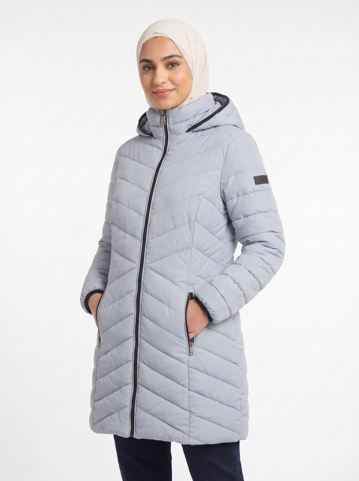 Women’s Long Hooded Puffer Coat – Chevron Quilted Winter Jacket