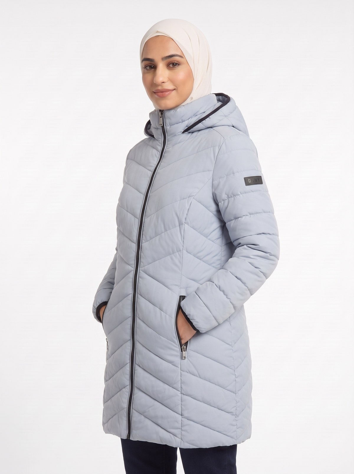 Women’s Long Hooded Puffer Coat – Chevron Quilted Winter Jacket