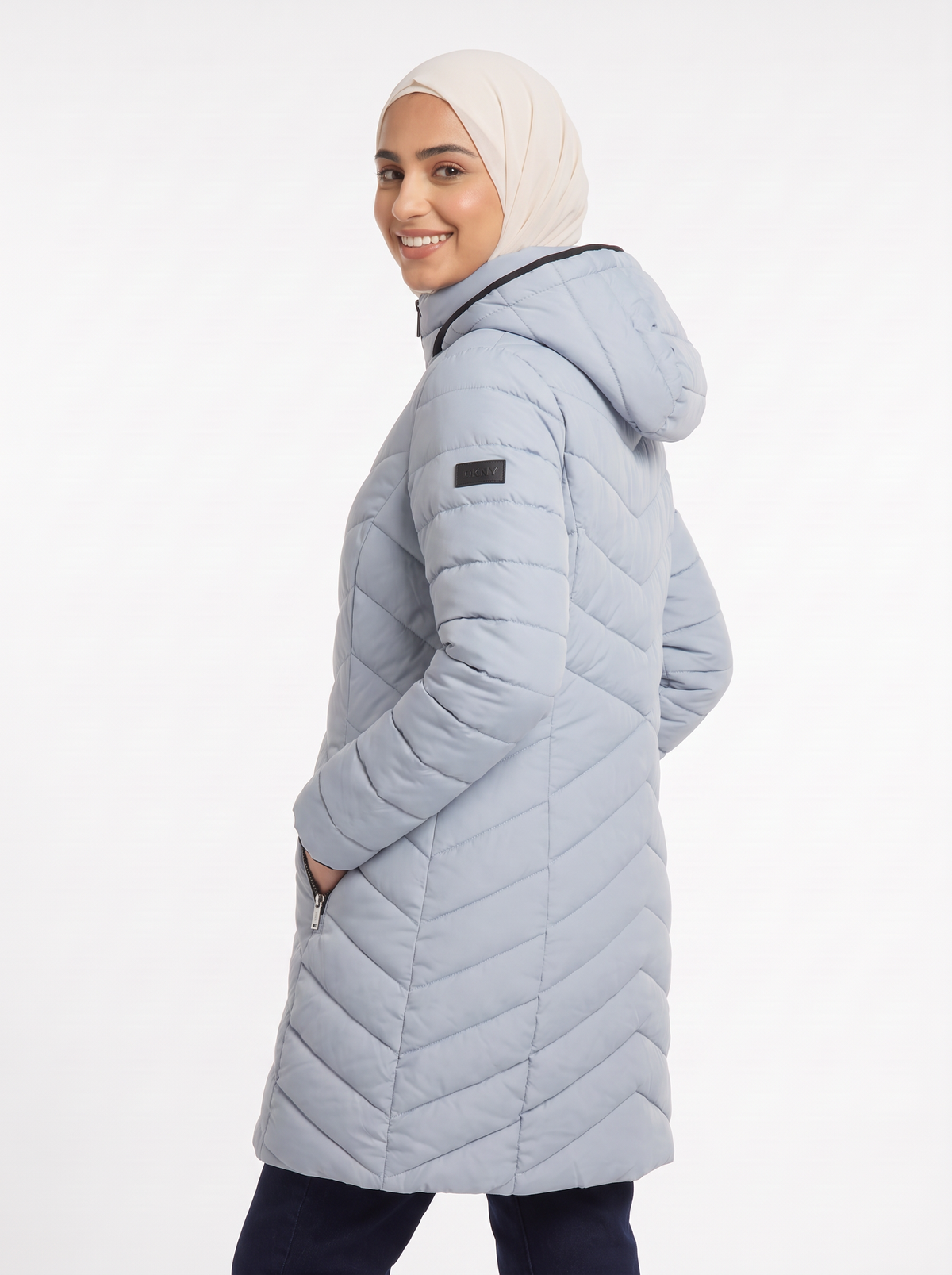 Women’s Long Hooded Puffer Coat – Chevron Quilted Winter Jacket