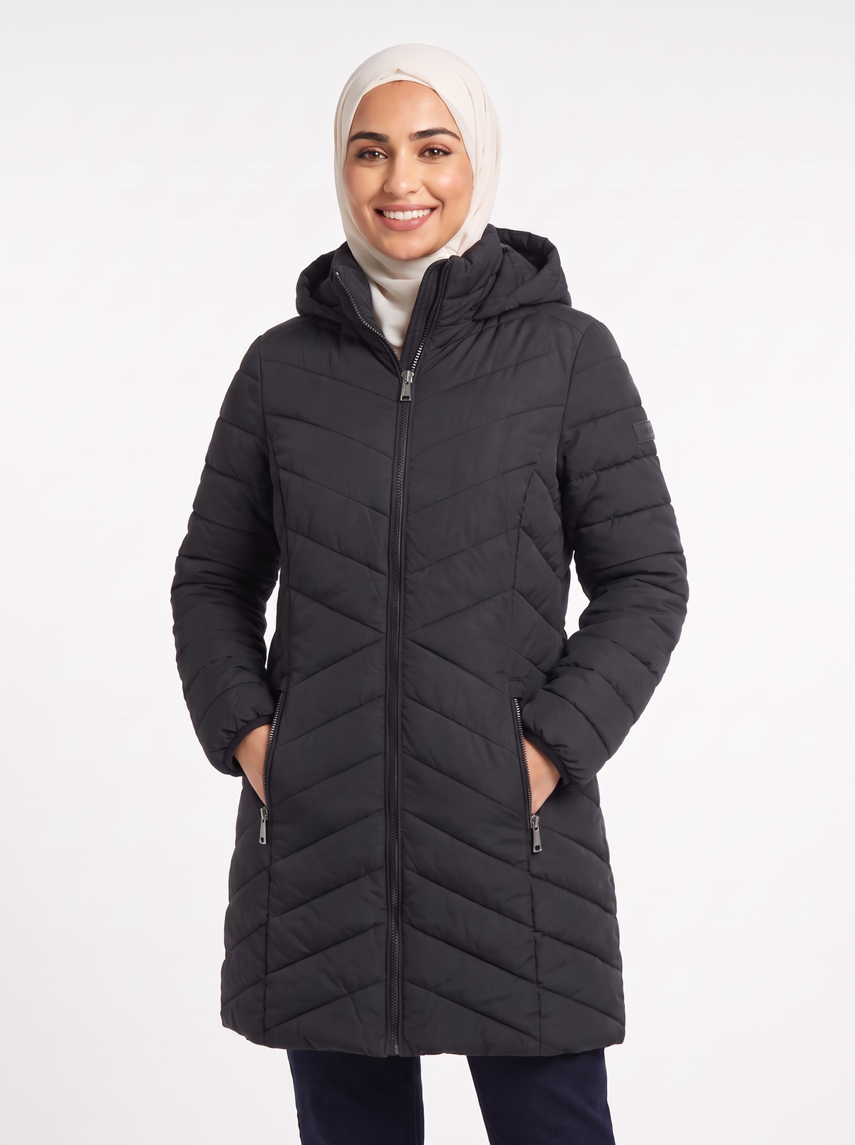 Women’s Long Hooded Puffer Coat – Chevron Quilted Winter Jacket