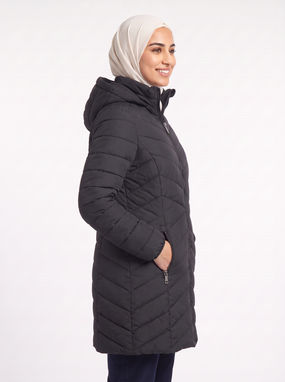Women’s Long Hooded Puffer Coat – Chevron Quilted Winter Jacket