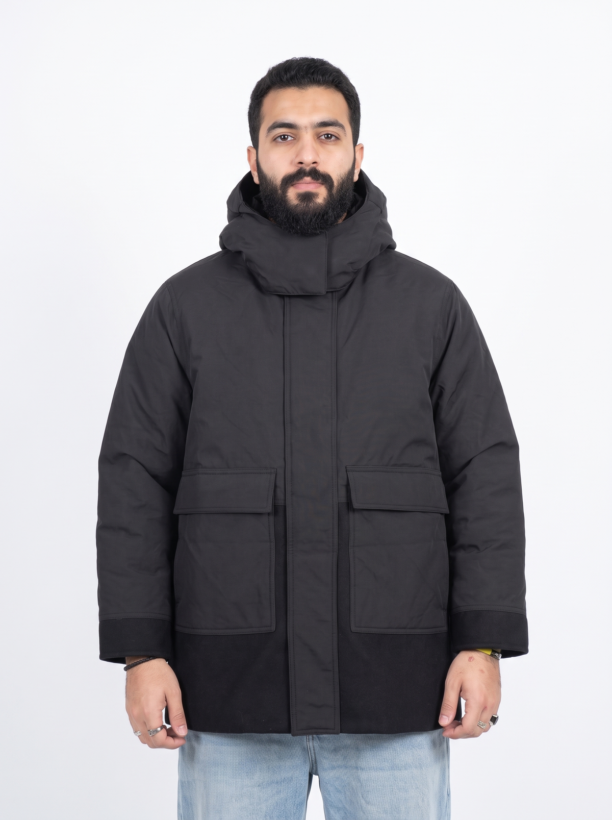 Men’s Colorblock Hooded Winter Parka – Charcoal Grey & Black