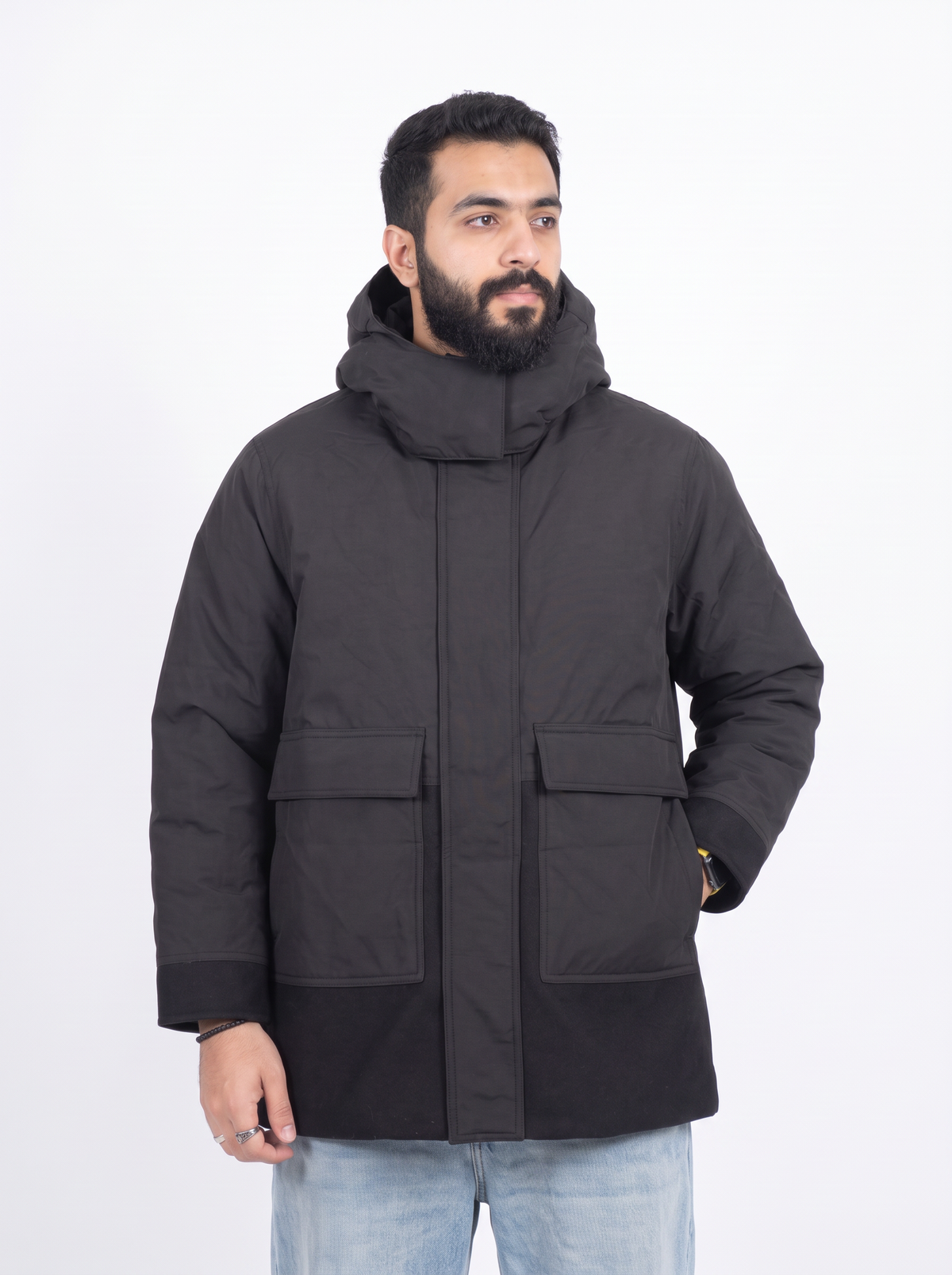 Men’s Colorblock Hooded Winter Parka – Charcoal Grey & Black