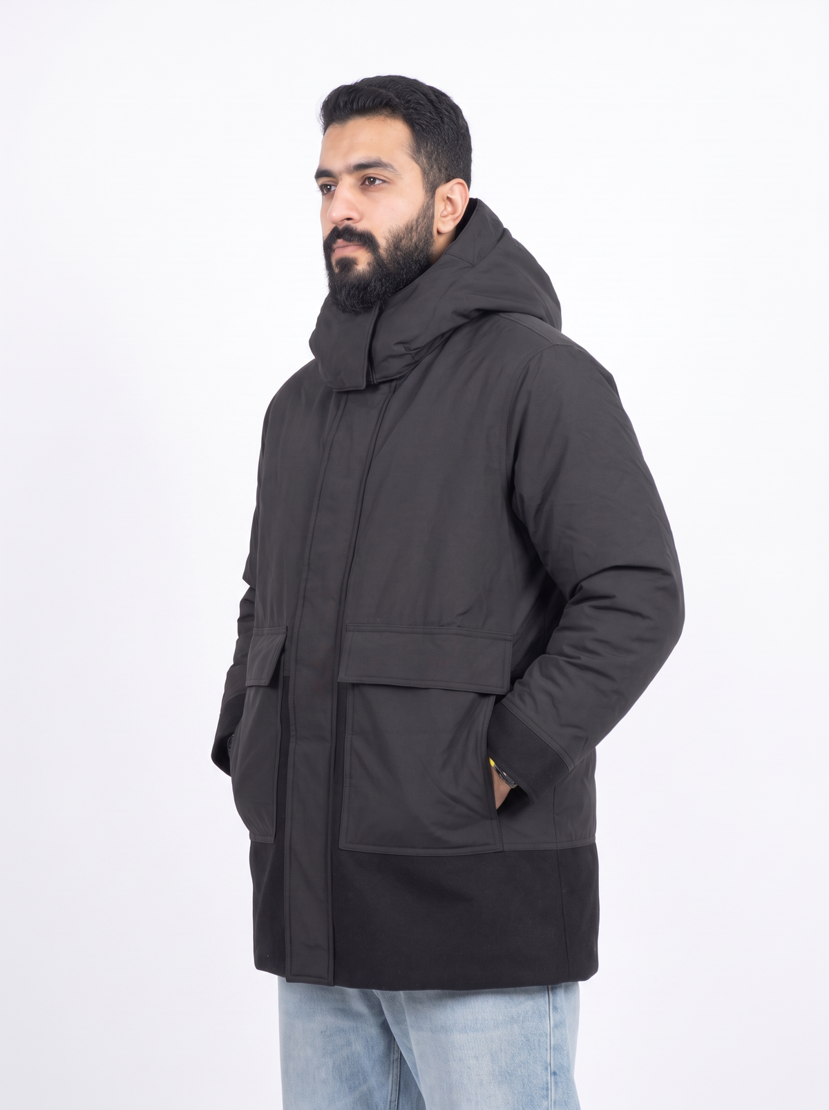 Men’s Colorblock Hooded Winter Parka – Charcoal Grey & Black