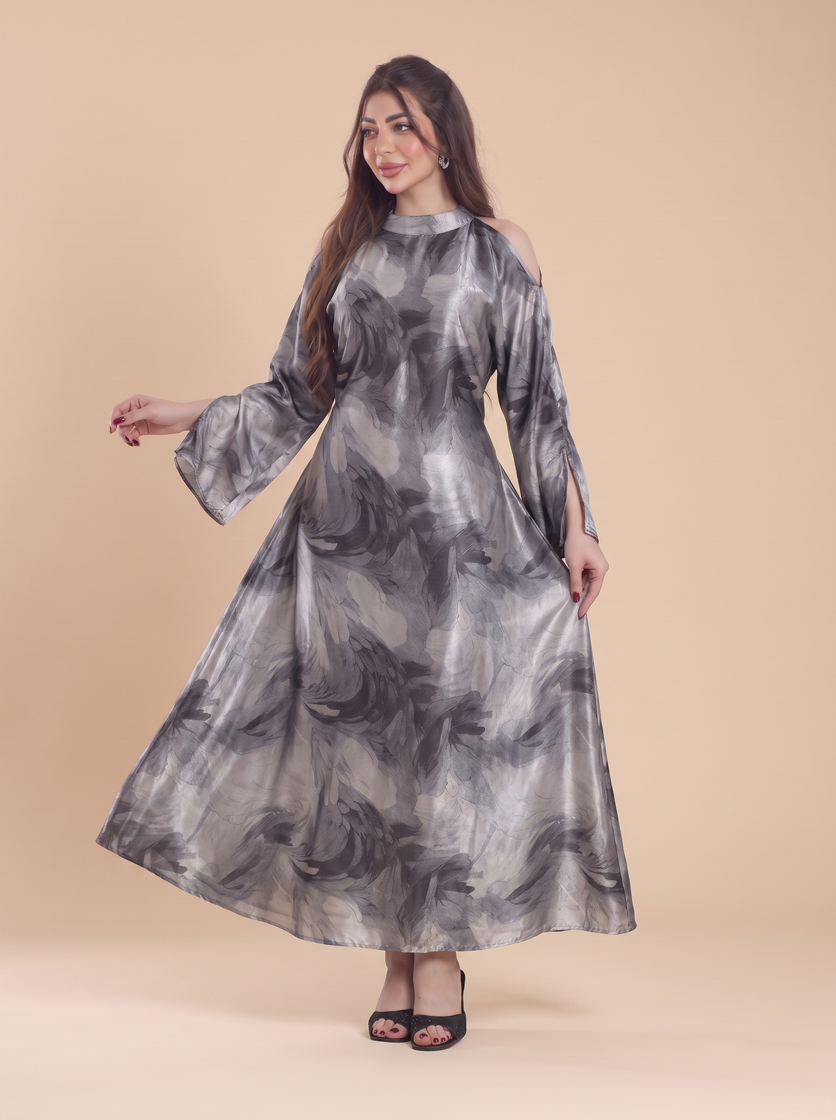 Finelook Luxury Floral Maxi Dress – Modest Long Sleeve Belted Evening Dress