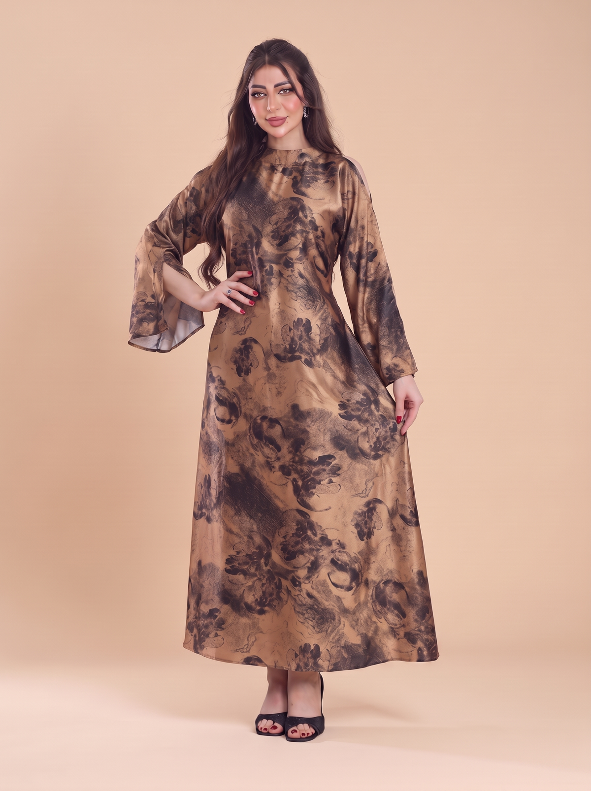Finelook Luxury Floral Maxi Dress – Modest Long Sleeve Belted Evening Dress