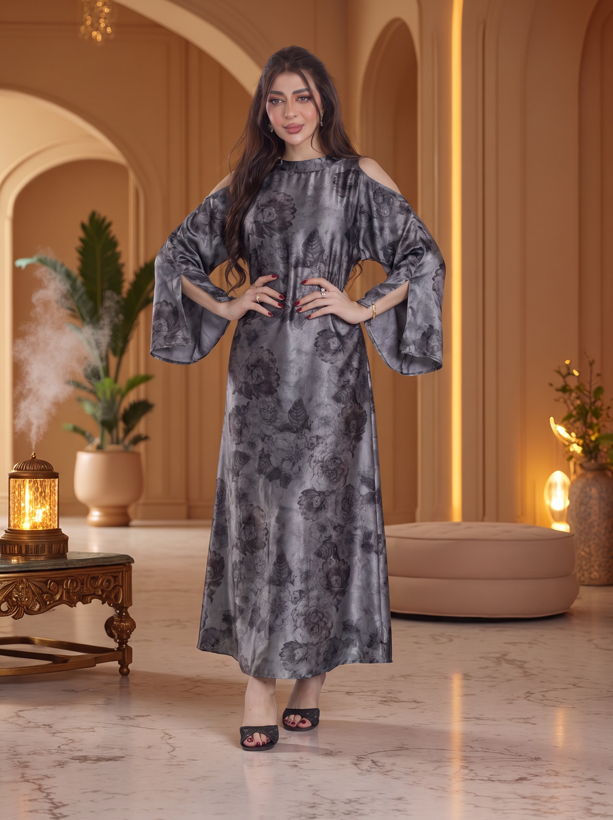 Finelook Luxury Floral Maxi Dress – Modest Long Sleeve Belted Evening Dress
