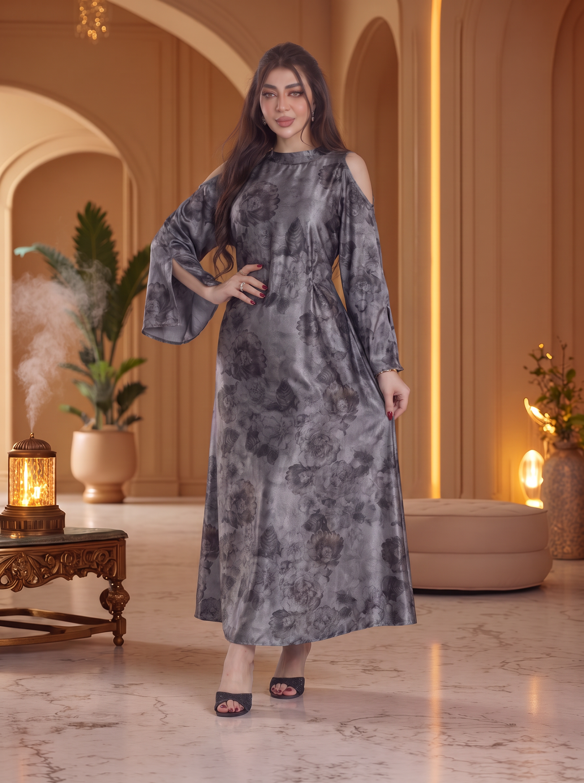 Finelook Luxury Floral Maxi Dress – Modest Long Sleeve Belted Evening Dress