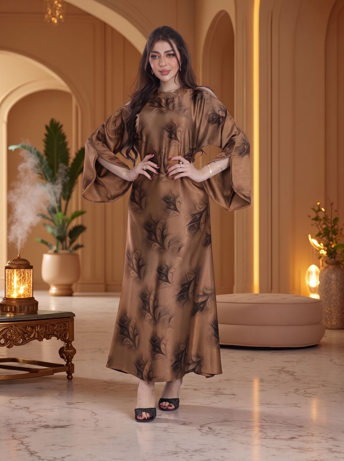 Finelook Luxury Floral Maxi Dress – Modest Long Sleeve Belted Evening Dress