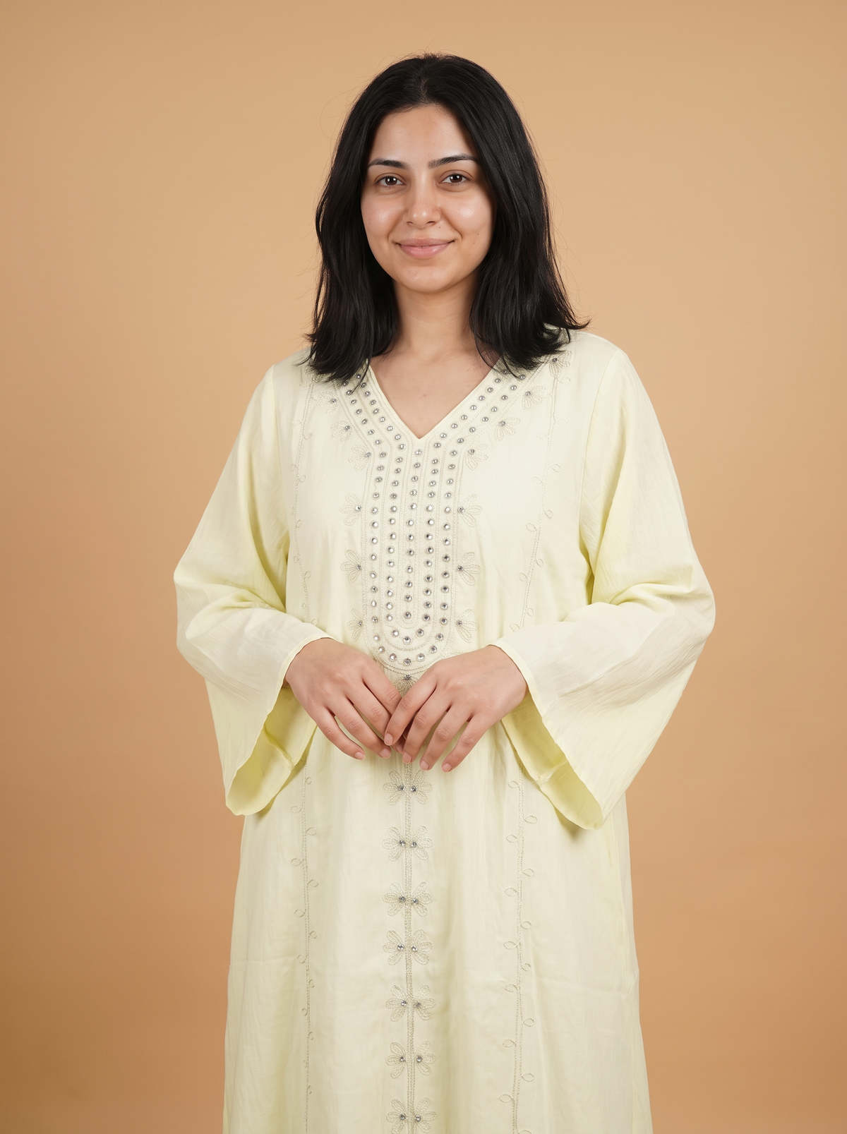 Women’s Light Yellow Embroidered & Embellished Maxi Kaftan Dress – Elegant Long-Sleeve Festive Abaya