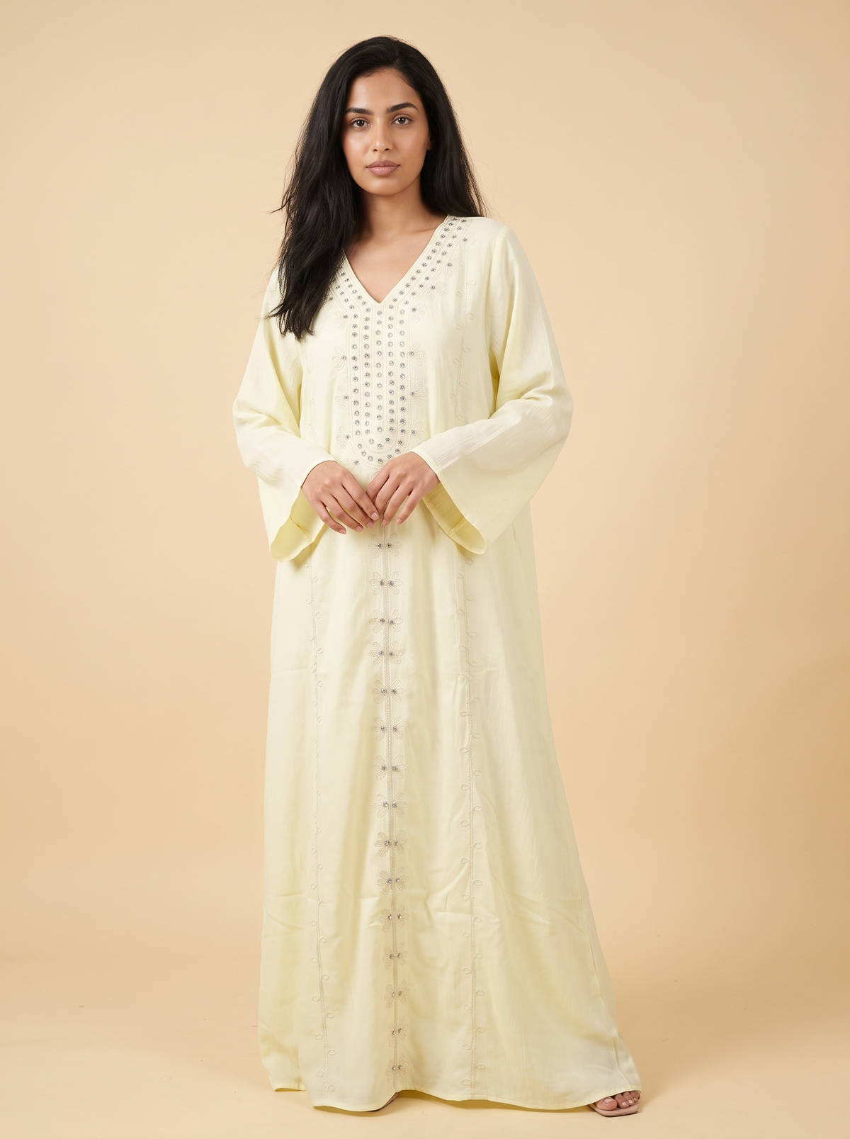 Women’s Light Yellow Embroidered & Embellished Maxi Kaftan Dress – Elegant Long-Sleeve Festive Abaya