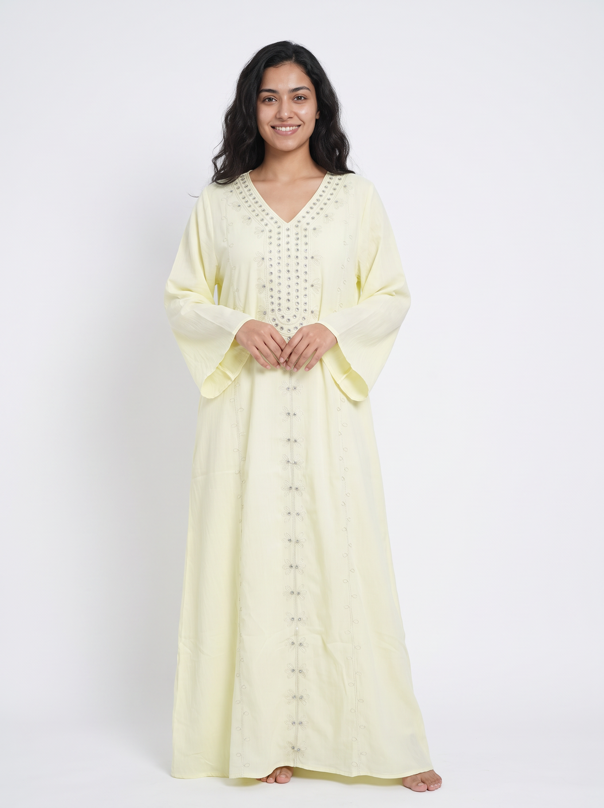 Women’s Light Yellow Embroidered & Embellished Maxi Kaftan Dress – Elegant Long-Sleeve Festive Abaya