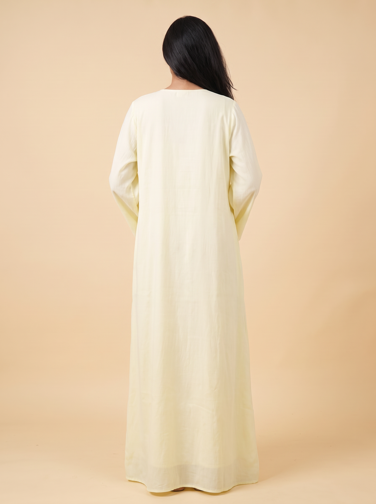 Women’s Light Yellow Embroidered & Embellished Maxi Kaftan Dress – Elegant Long-Sleeve Festive Abaya