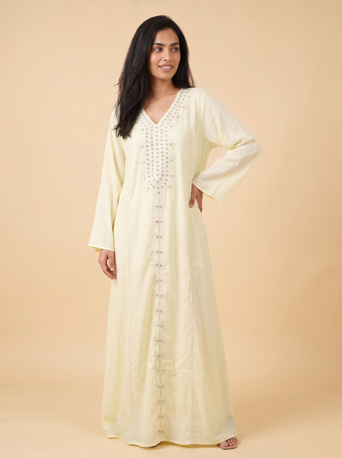 Women’s Light Yellow Embroidered & Embellished Maxi Kaftan Dress – Elegant Long-Sleeve Festive Abaya