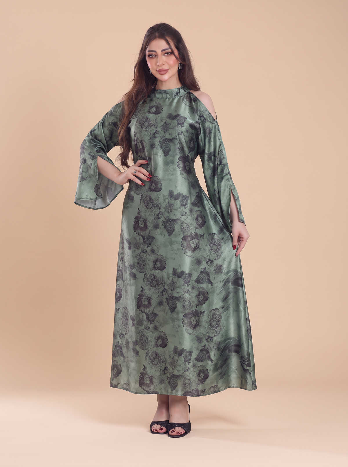Finelook Luxury Floral Maxi Dress – Modest Long Sleeve Belted Evening Dress
